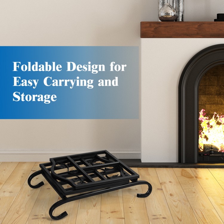 Foldable firewood log rack with a sturdy steel frame and elegant arch-shaped feet, perfect for indoor or outdoor use.