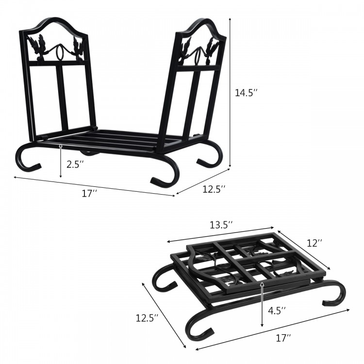 Foldable firewood log rack with a sturdy steel frame, leaf pattern design, and arch-shaped feet for indoor or outdoor.