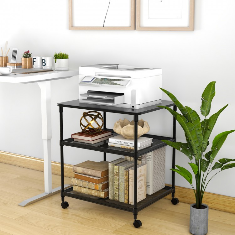 Black 3-tier printer stand with lockable swivel wheels and ample storage space, perfect for home or office organization.