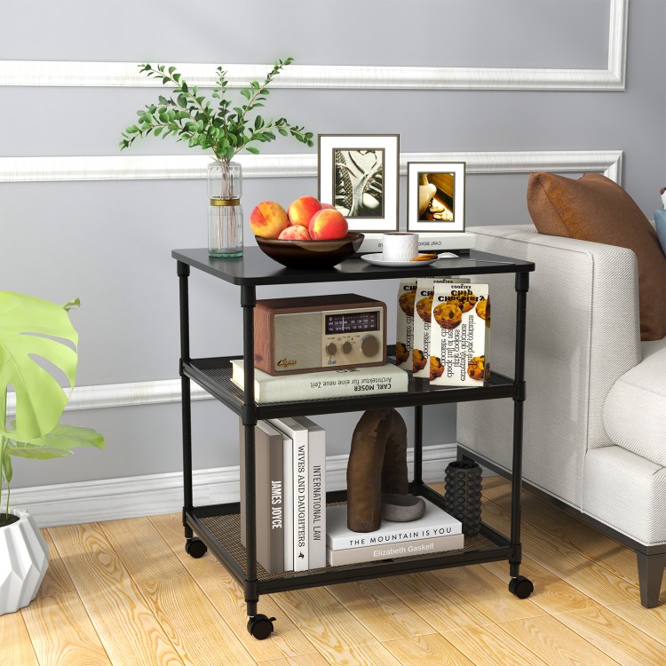 Three-tier black printer stand with adjustable shelves and swivel wheels, ideal for organizing office supplies and.