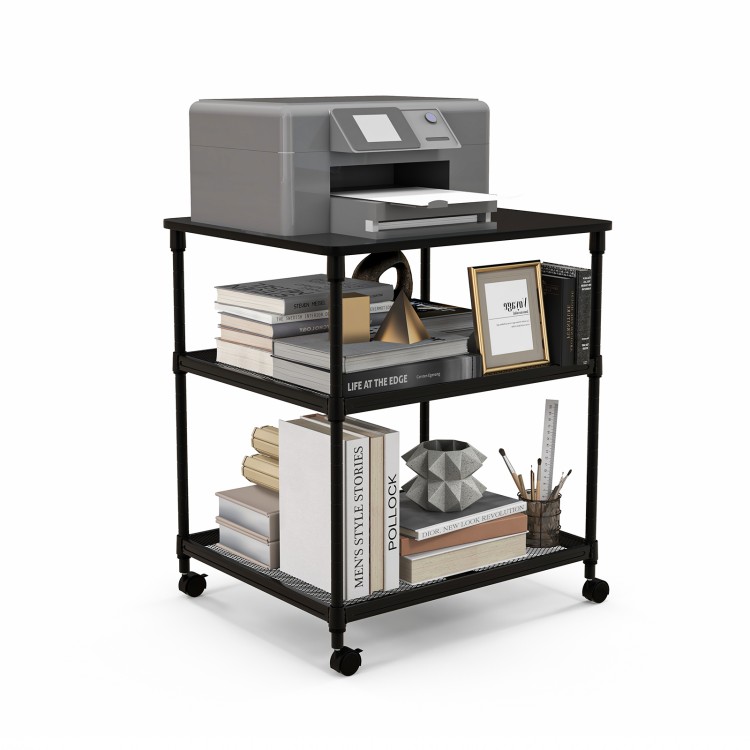 3-tier black printer stand with adjustable shelves and swivel wheels, ideal for organizing office supplies and printers.