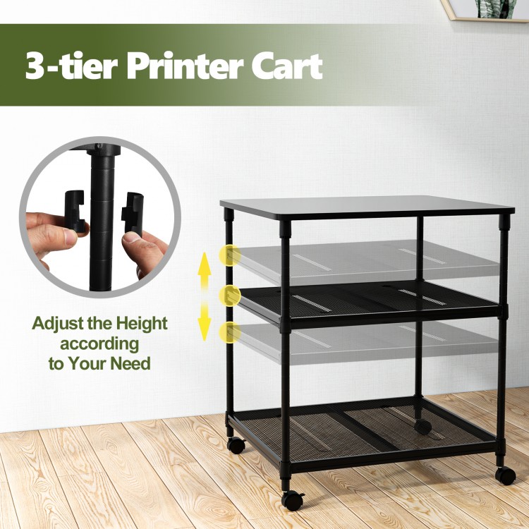 3-tier printer cart in black with adjustable shelves and swivel wheels, ideal for organizing office space.
