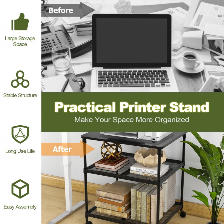 3-tier black printer stand with adjustable shelf and swivel wheels for versatile storage and easy mobility in any.