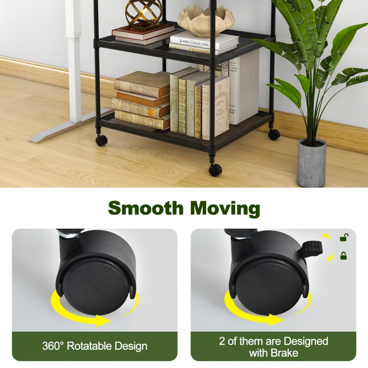 3-tier black printer stand with adjustable shelf and 360° swivel wheels for smooth movement and easy organization.