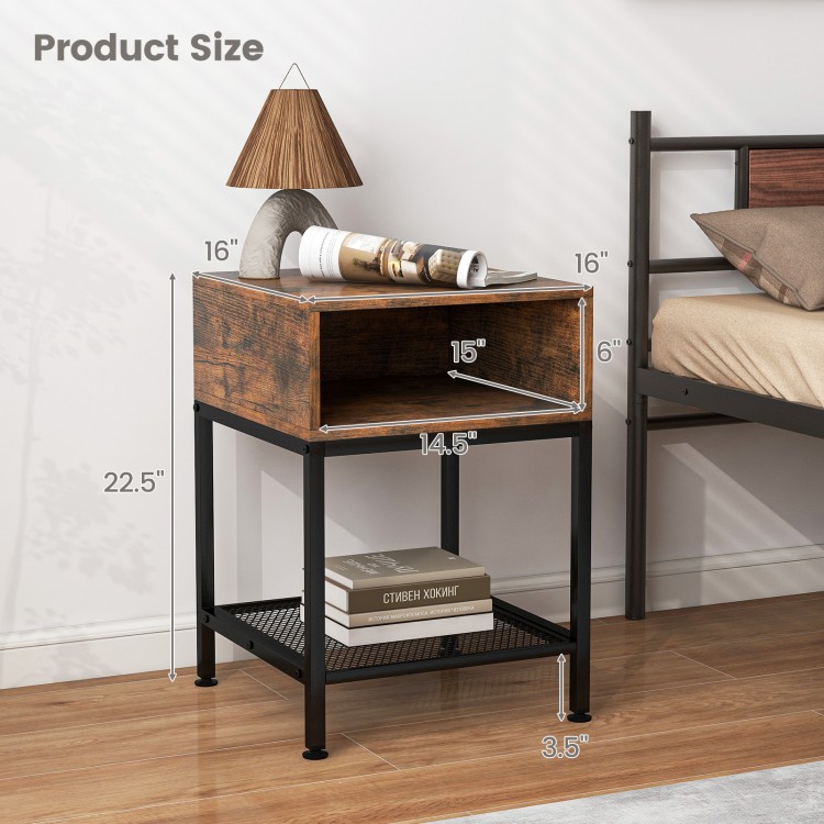 Industrial nightstand with mesh shelf, made of wood and metal, perfect for bedroom or living room storage.