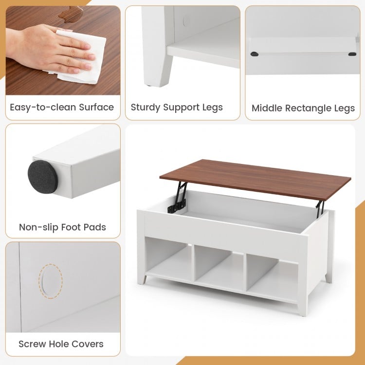 Lift top coffee table in white with hidden compartment, storage shelves, and sturdy legs for versatile use in any home.