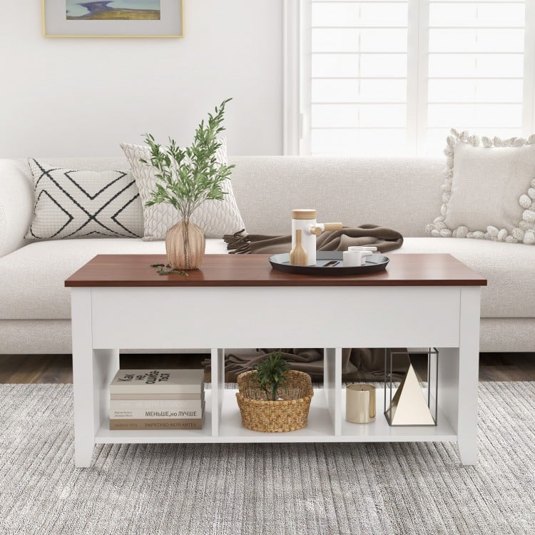 Lift top coffee table in white with a wood top, featuring hidden storage and open shelves for versatile use.
