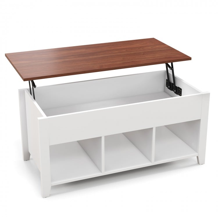 Lift top coffee table in white with a walnut finish, featuring hidden storage and three open cubes for versatile use.