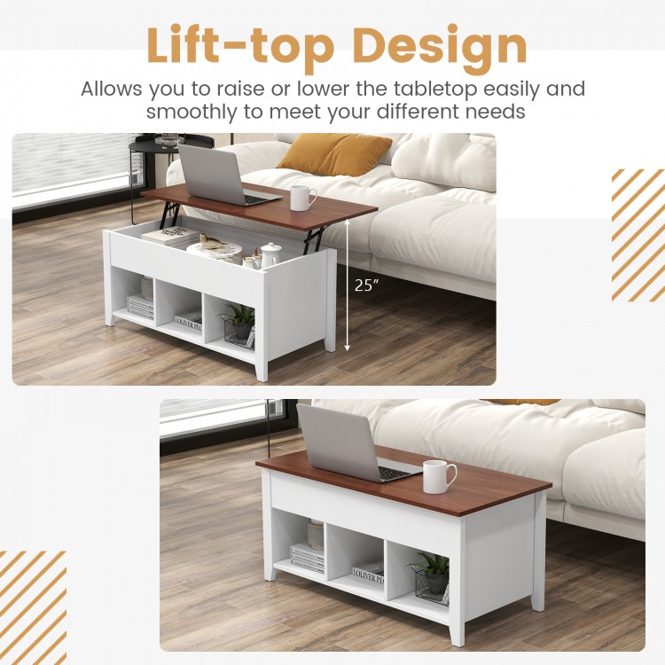 Lift-top coffee table in white with hidden compartment and storage shelves, perfect for versatile use in modern homes.