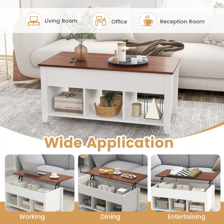 Lift top coffee table in white with hidden compartment and storage shelves, ideal for living room or office use.