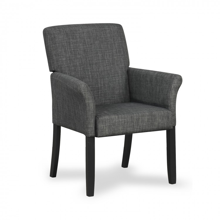 Gray executive guest chair with curved backrest and rubber wood legs, perfect for reception or dining areas.