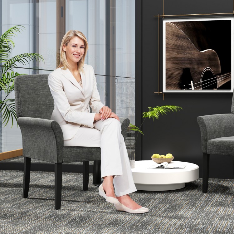 Gray executive guest chair with armrests, featuring a comfortable design for reception areas and modern decor.