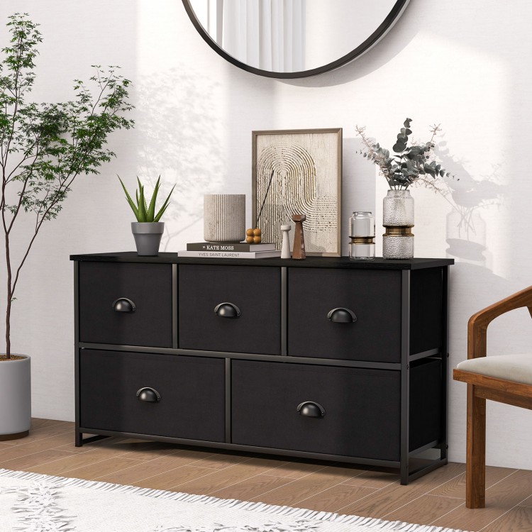 Dresser storage tower in black with 5 foldable cloth drawers, ideal for organizing items in home or office settings.