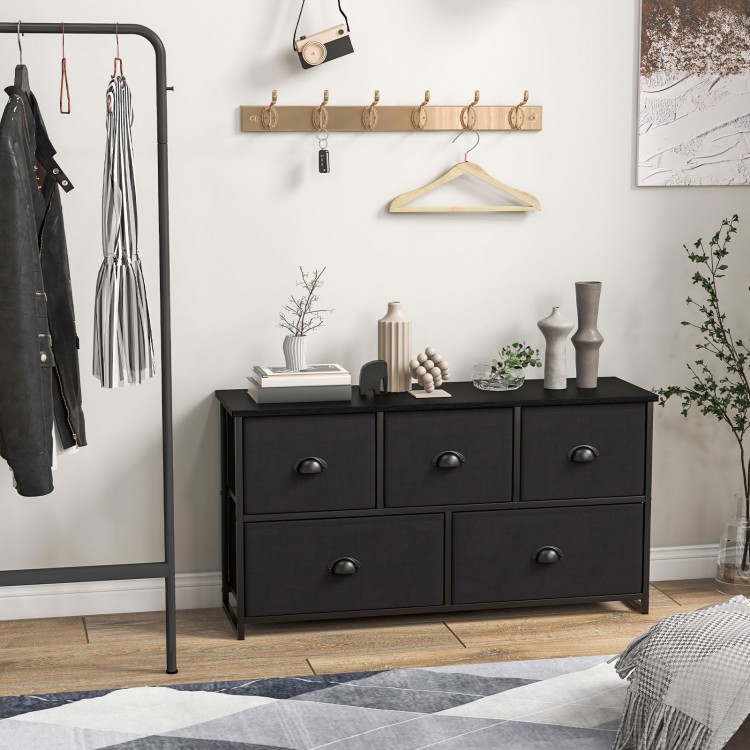 Black dresser storage tower featuring 5 foldable cloth drawers, ideal for organizing items in home or office settings.