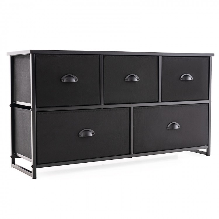 Dresser storage tower with five foldable black cloth drawers, sturdy steel frame, ideal for home or office organization.