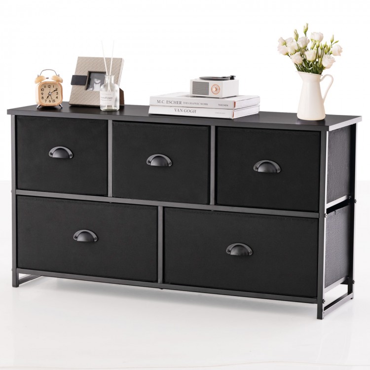 Dresser storage tower in black with 5 foldable cloth drawers, ideal for organizing items in home or office.