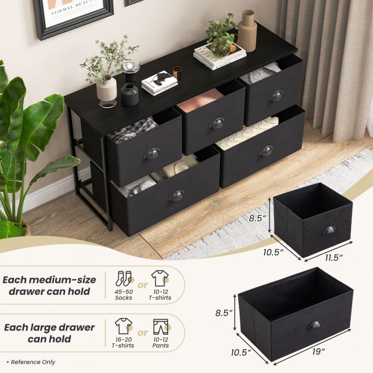 Dresser storage tower in black with five foldable cloth storage cubes, perfect for home or office organization.