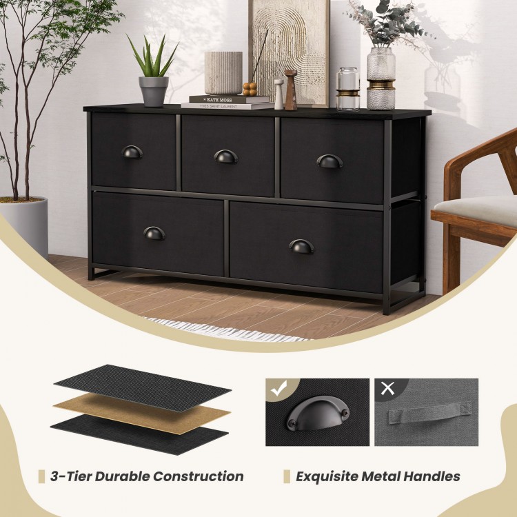 Dresser storage tower in black with 5 foldable cloth storage cubes, ideal for organizing home or office items.