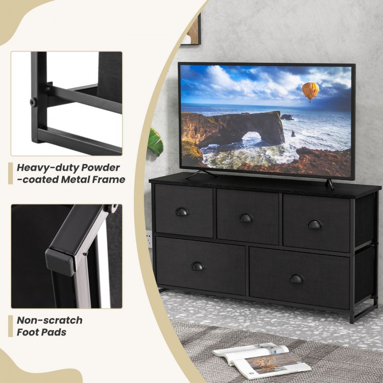 Dresser storage tower in black with 5 foldable cloth drawers, sturdy metal frame, ideal for home or office organization.