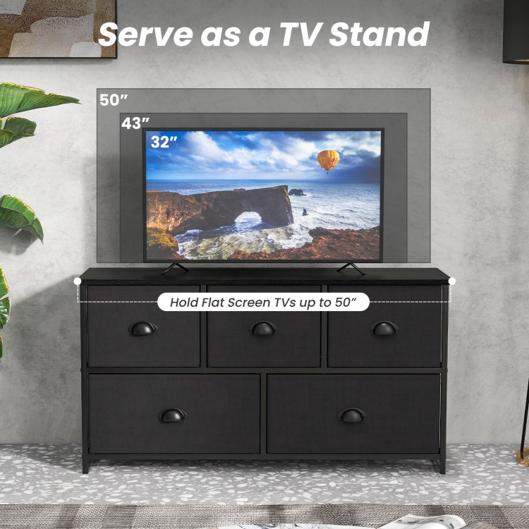 Dresser storage tower in black showcased as a TV stand, with flat screen TV support for versatile home use.