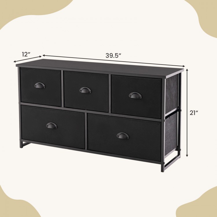 Dresser storage tower in black with 5 foldable cloth cubes, sturdy steel frame, ideal for home or office organization.