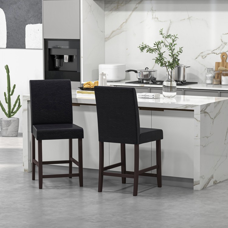 Set of 2 black bar stools with 25" seat height, rubber wood construction, and espresso finish for kitchen use.