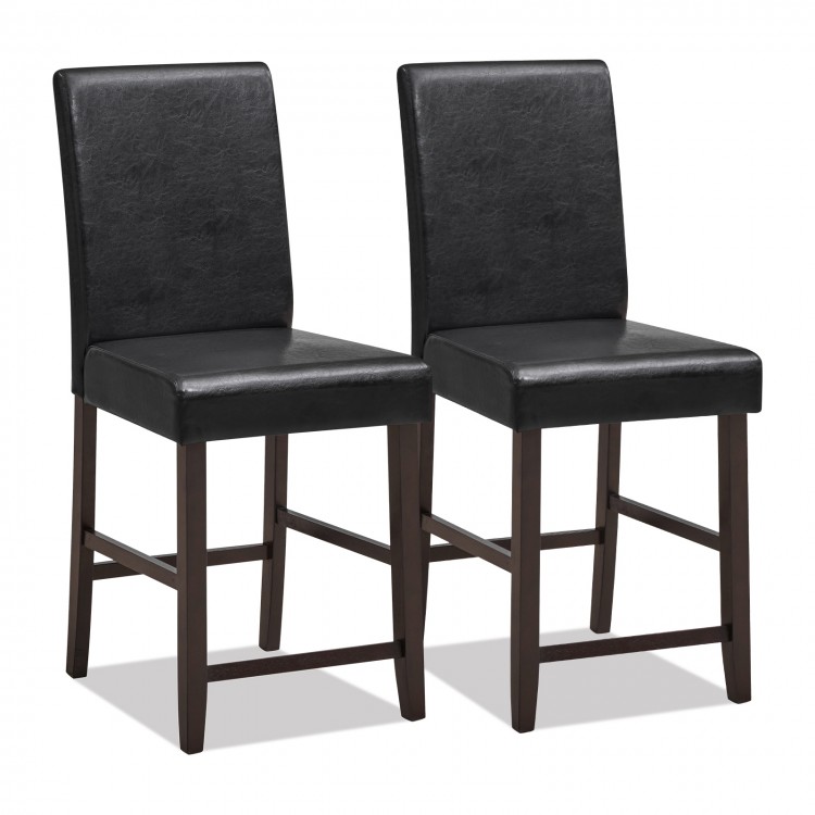 Set of 2 black counter height bar stools with padded seats and espresso finish, ideal for kitchens and cafes.
