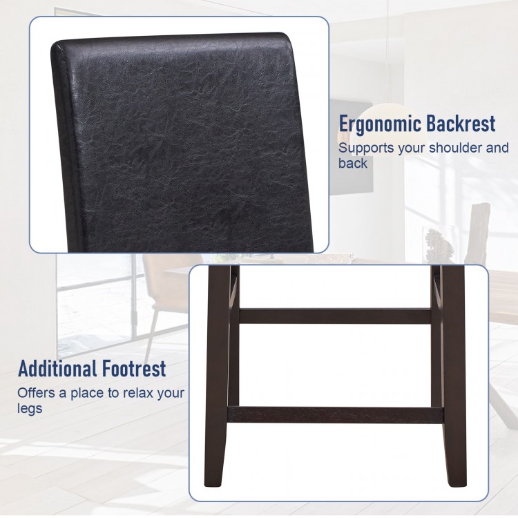 Close-up of the ergonomic backrest and additional footrest of the 25-inch black rubber wood bar stools for comfort.