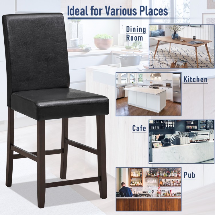 Black 25-inch counter height bar stool with padded seat and espresso finish, ideal for kitchens and cafes.