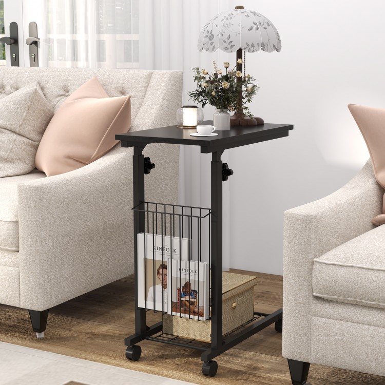 C-shaped rolling height adjustable side table with black finish, ideal for snacks and books, perfect for sofa side use.