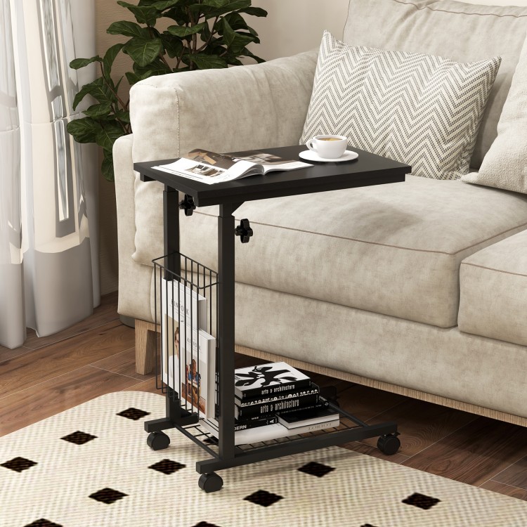 C-shaped rolling height adjustable side table with black finish, perfect for snacks and books beside a sofa.