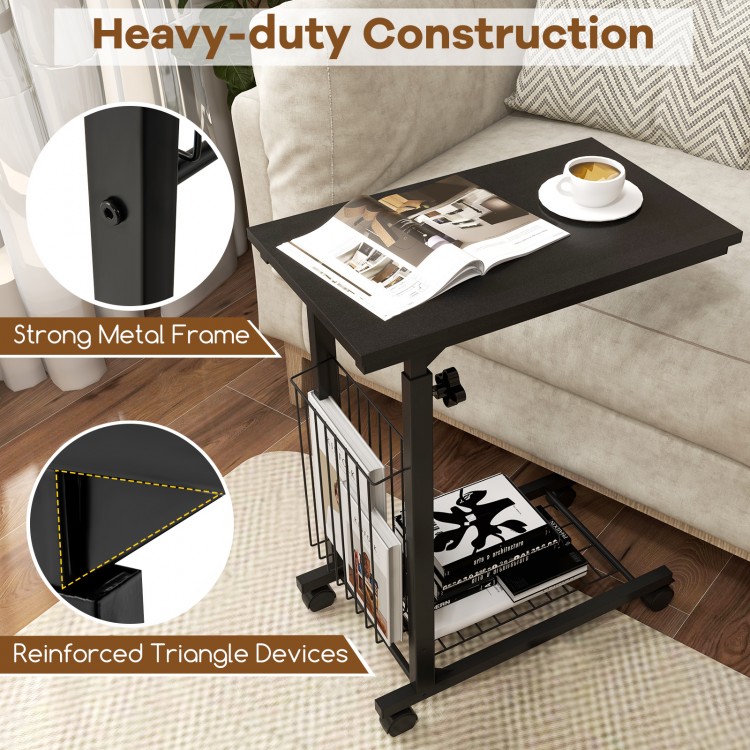 C-shaped rolling height adjustable side table with black finish top and lower steel mesh for extra storage, ideal for.