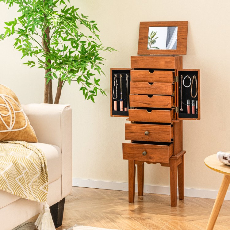Vintage jewelry storage cabinet with a sleek design, showcasing multiple drawers and a stylish flip mirror for.