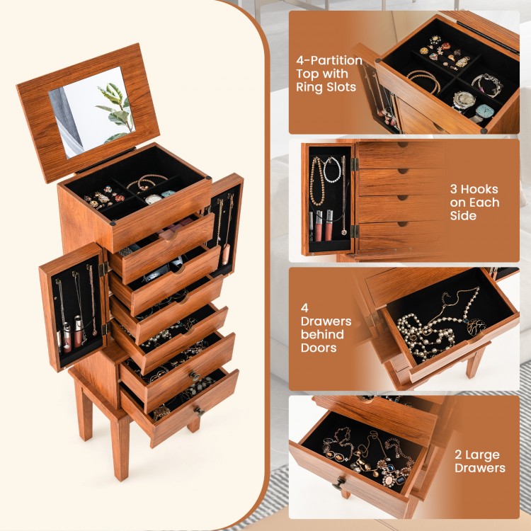 Vintage jewelry storage cabinet with top flip mirror, multiple drawers, and hooks for organized jewelry display.