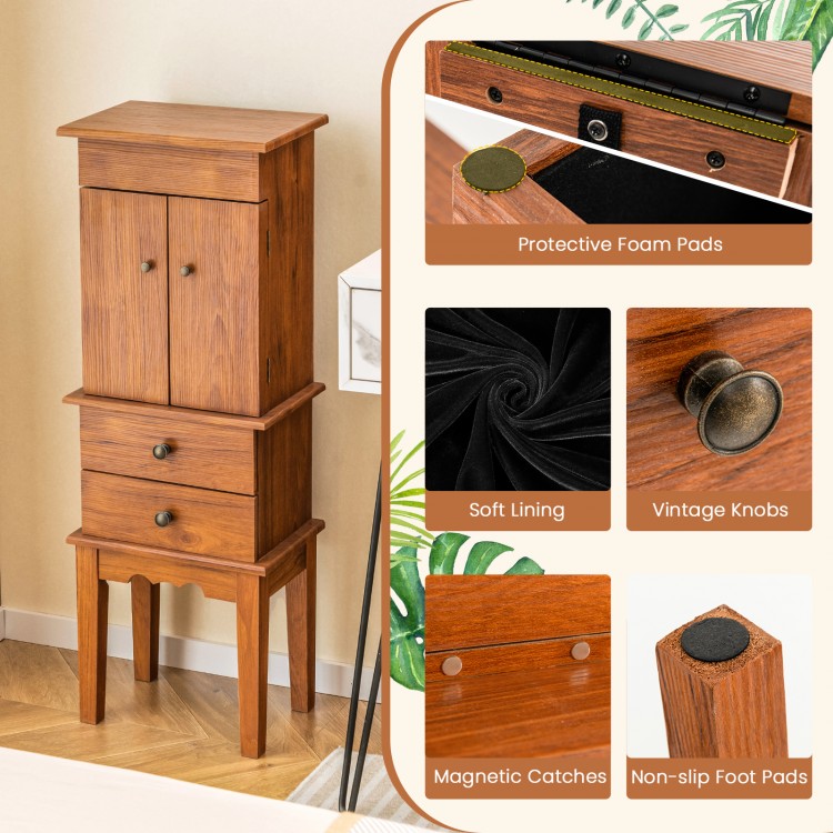 Vintage jewelry storage cabinet with top flip mirror, large storage space, and protective black flannelette lining.