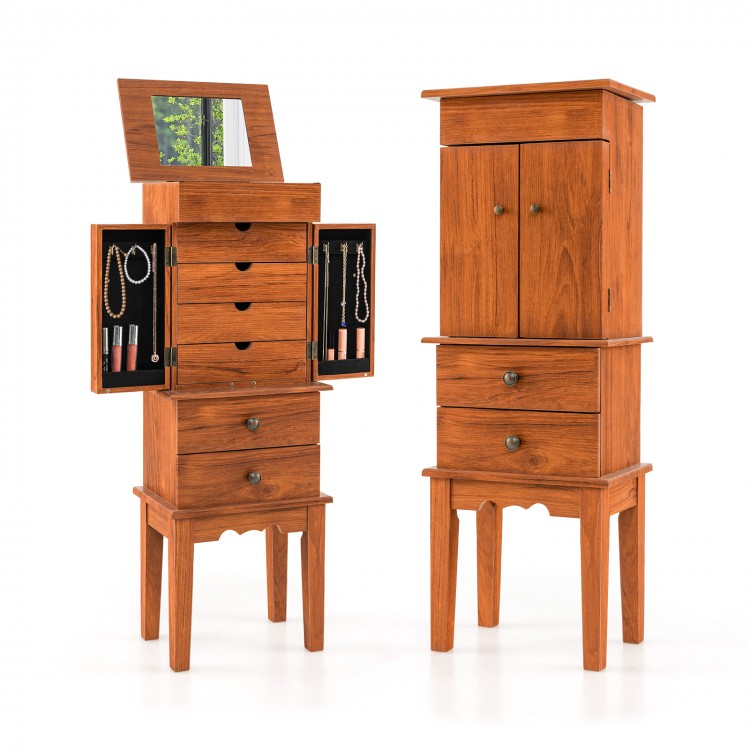 Vintage jewelry storage cabinet with top flip mirror, featuring large storage space and black flannelette compartments.