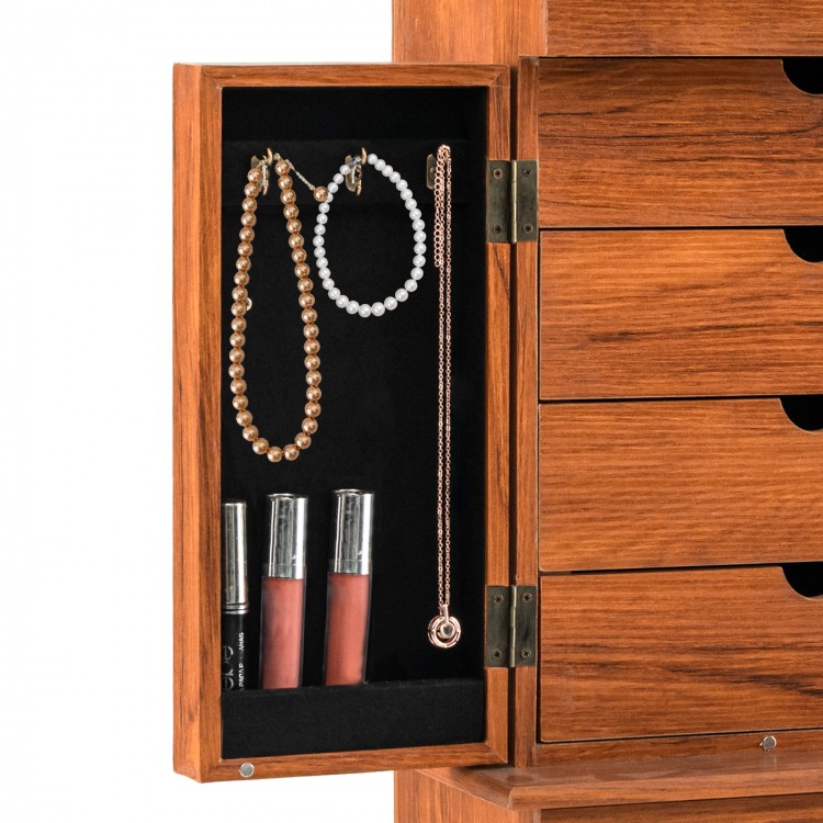 Vintage jewelry storage cabinet interior with hooks for necklaces and compartments for rings and lipsticks, featuring.