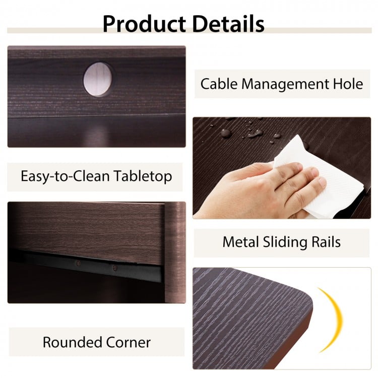 Close-up of the brown PC laptop writing desk showing the easy-to-clean tabletop and cable management hole for organized.