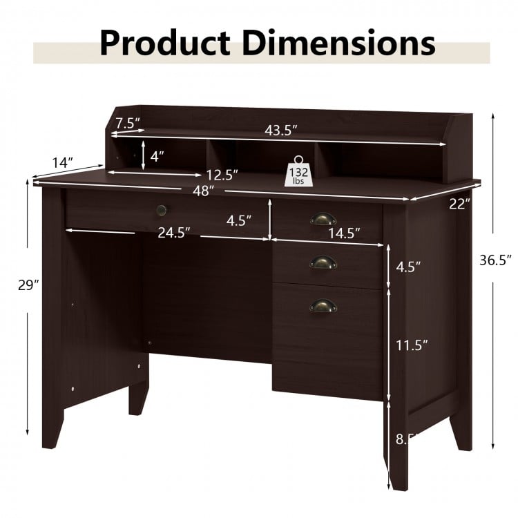 Dimensions of the brown PC laptop writing computer desk with spacious drawers and shelf for home or office use.