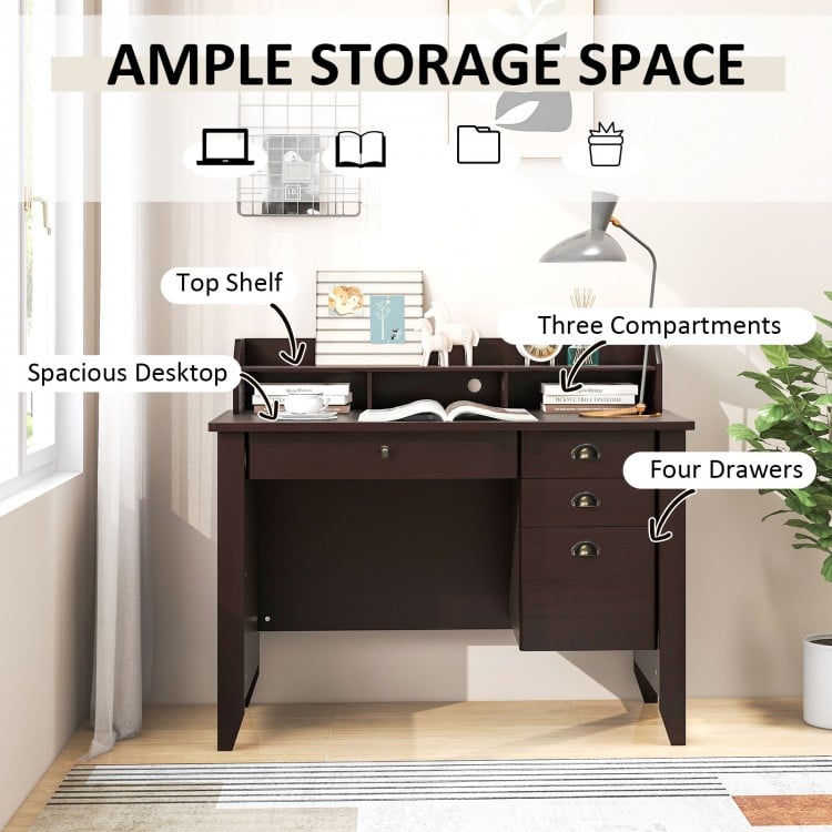 Brown PC laptop writing desk featuring a spacious desktop, four drawers, and a top shelf for ample storage space.