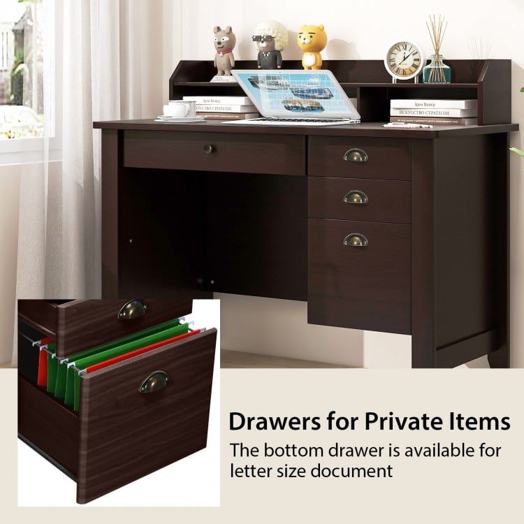 Brown PC laptop writing desk featuring a long slide-out drawer and three side drawers for ample storage space.