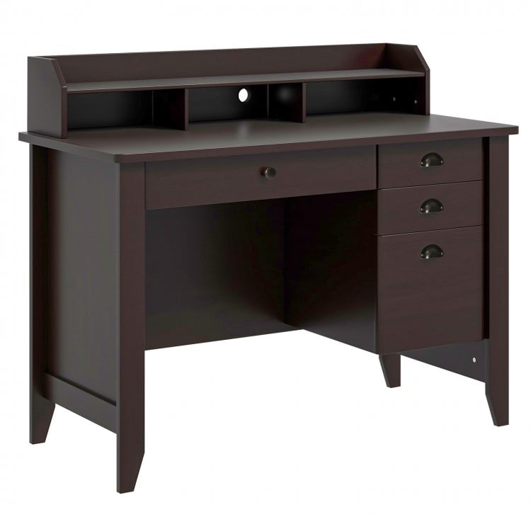 Brown PC laptop writing desk with a smooth slide-out drawer, three side drawers, and a desktop shelf for ample storage.