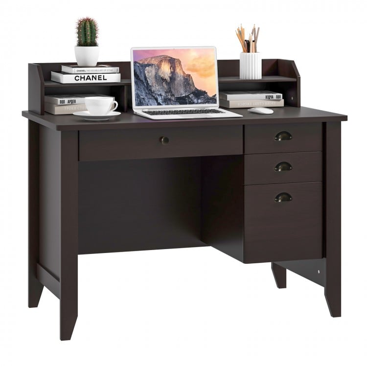 Brown PC laptop writing desk with a smooth slide-out drawer and three side drawers, ideal for home or office use.