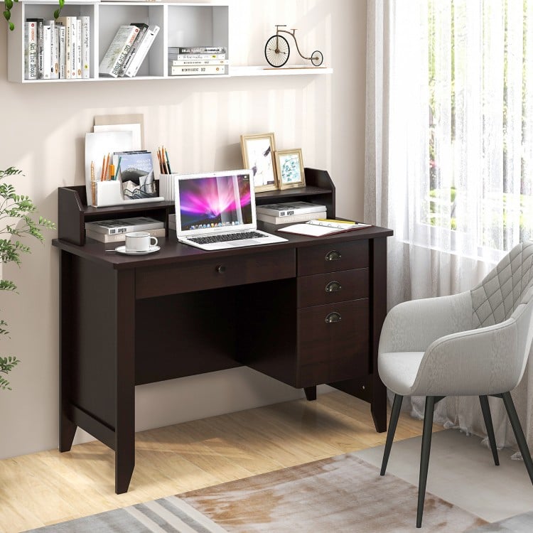 Elegant brown PC laptop writing desk showcasing a spacious workstation and a stylish shelf for books and decor.