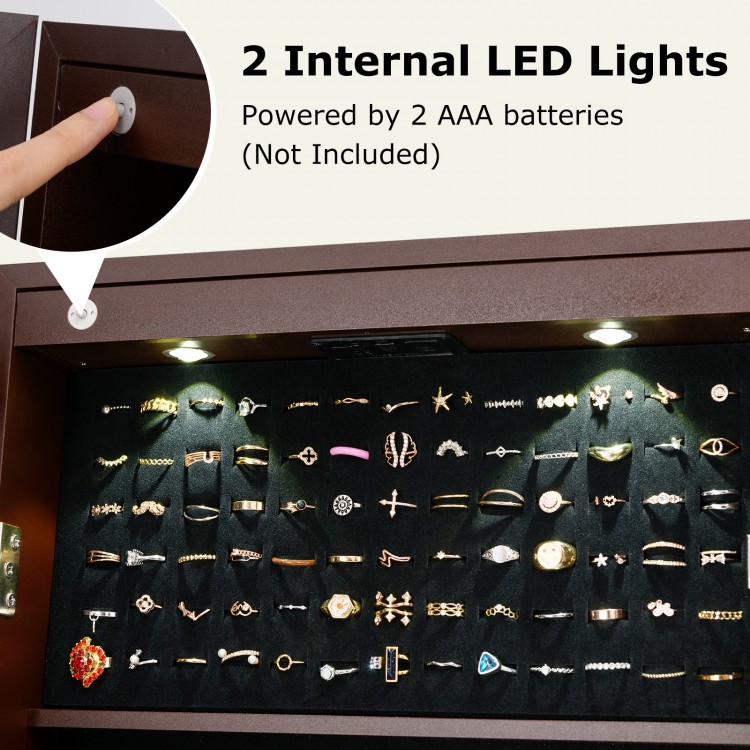 Lockable mirrored jewelry cabinet with LED lights, showcasing organized rings and accessories in a velvet-lined.
