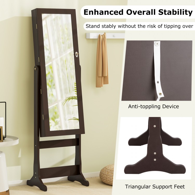 Full-length brown mirrored jewelry cabinet with LED lights, made of MDF, featuring lockable storage for accessories.