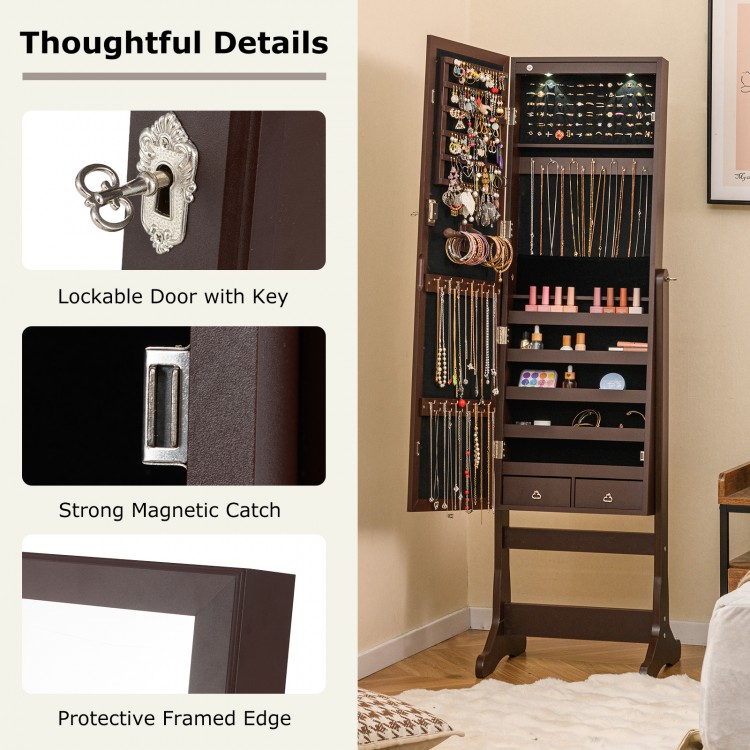 Lockable jewelry cabinet with mirror and LED lights, made of sturdy MDF, perfect for organized storage in brown.