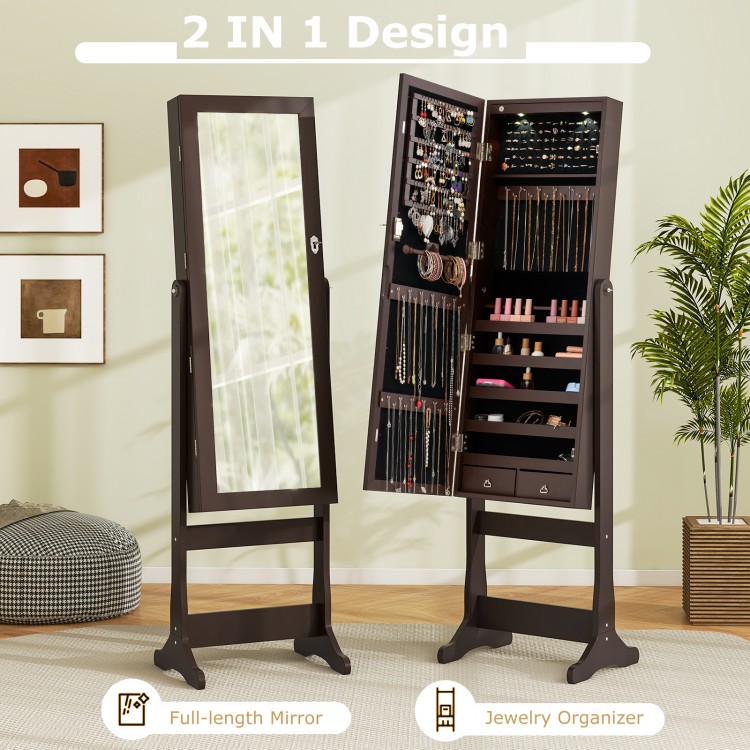 Lockable mirrored jewelry cabinet in brown with LED lights, featuring full-length mirror and organized storage for.