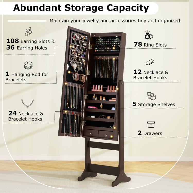 Lockable brown jewelry cabinet with LED lights, full-length mirror, and ample storage for rings, necklaces, and.