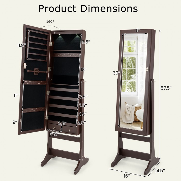 Lockable mirrored jewelry cabinet in brown with LED lights, featuring multiple compartments for organized storage.